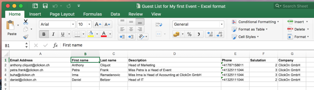 well formatted guest list excel file